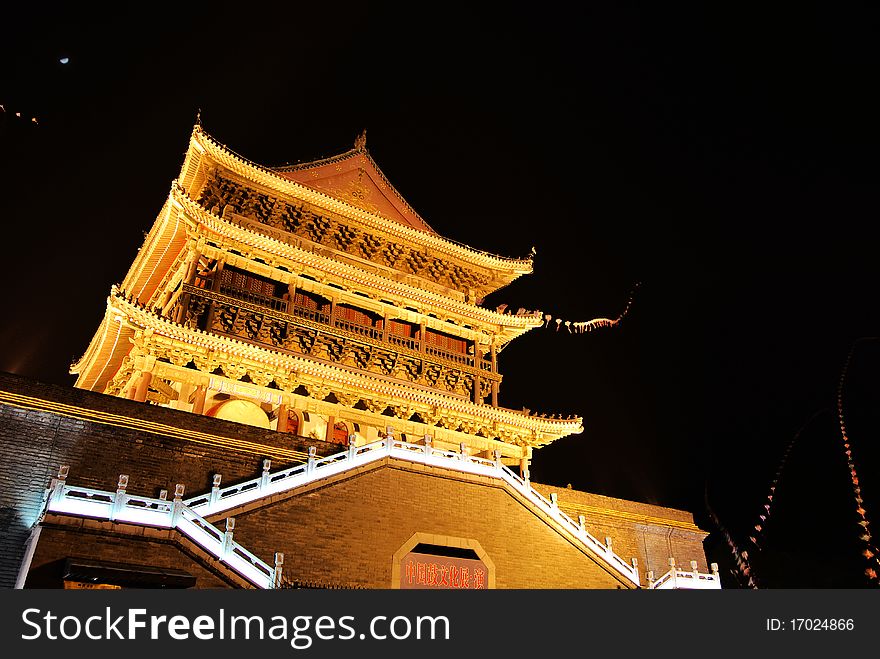 Night scene of drum-tower in xian