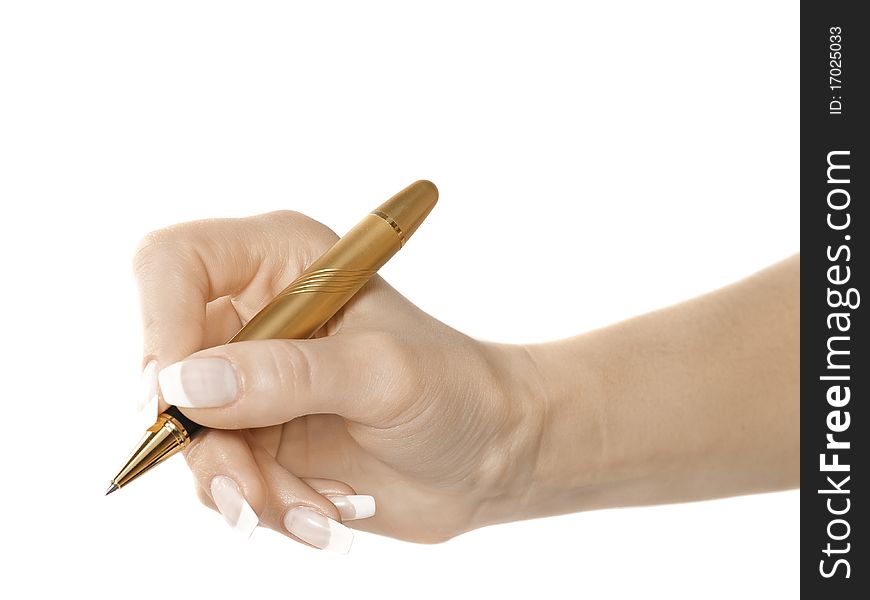 Woman hand hold pen on white isolated