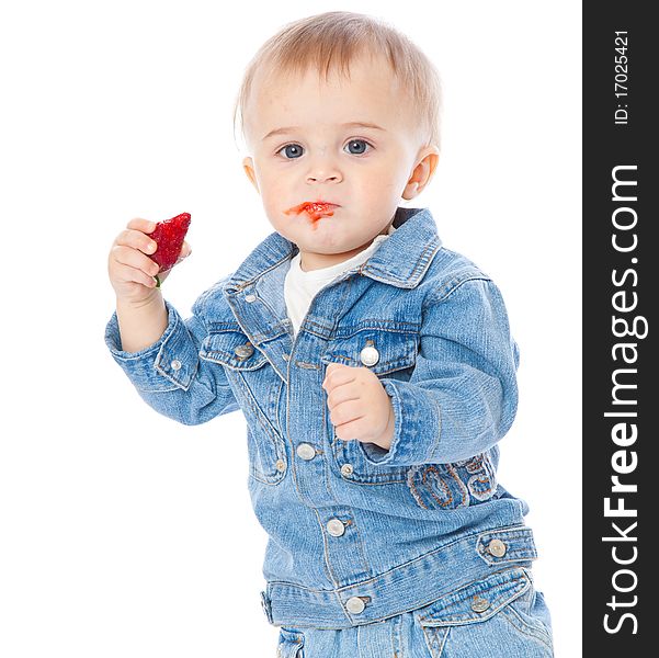 Boy with strawberry. Isolated on white background