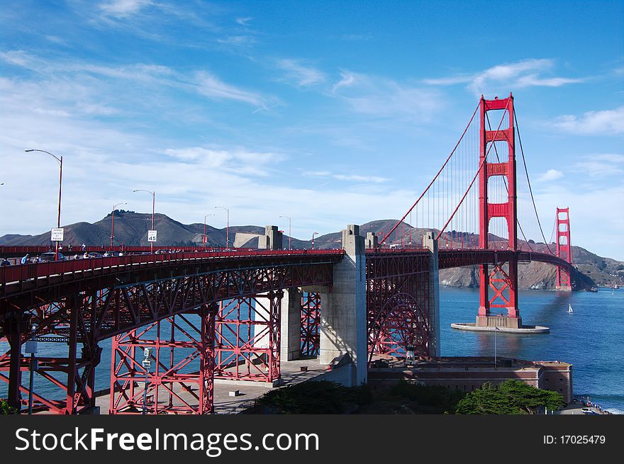 Perspective view on Golden Gate bridge in daylight. San-Francisco, California, USA