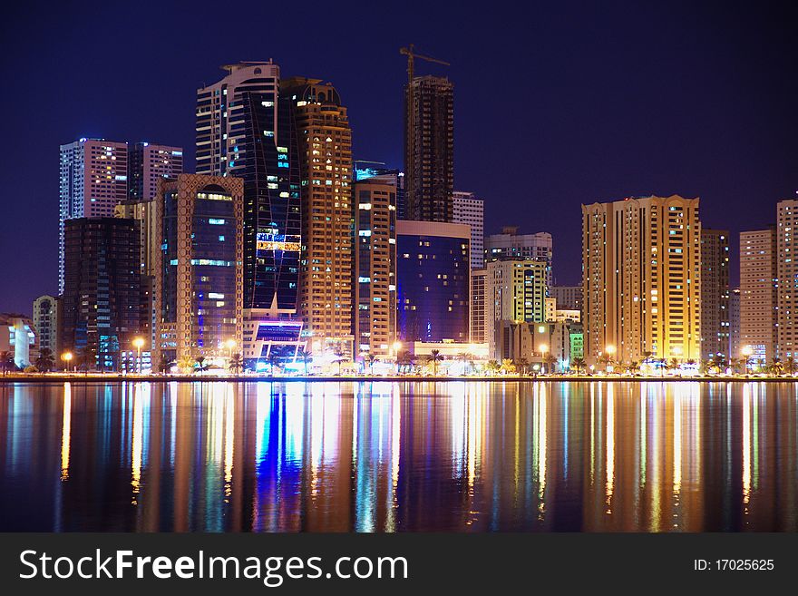 Partial night view of Sharjah Khalid Lagoon known as AlBuhaira with all lights blazing. Partial night view of Sharjah Khalid Lagoon known as AlBuhaira with all lights blazing
