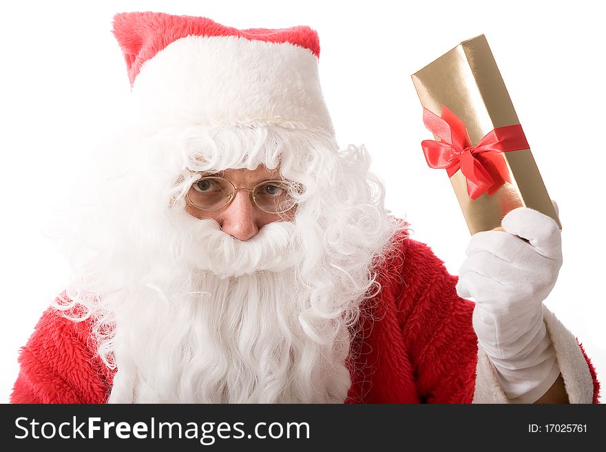 Santa claus in red cap with a little gift
