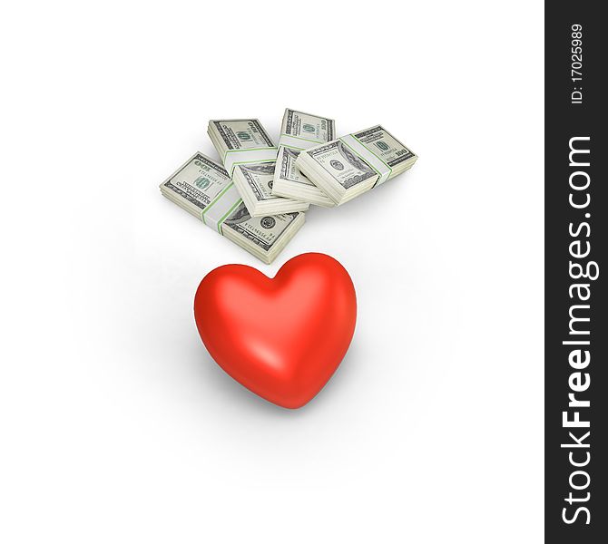 Heart with money isolated on white background. 3d render