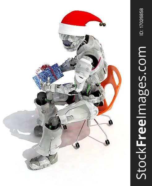 Robot with a Christmas present on a white background. Robot with a Christmas present on a white background.