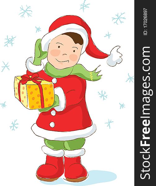 Christmas Dwarf holding present, hand drawn, artistic. Vector illustration