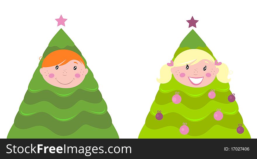 Cute boy and girl in christmas tree costumes isolated on white background. Vector cartoon illustration. Cute boy and girl in christmas tree costumes isolated on white background. Vector cartoon illustration.