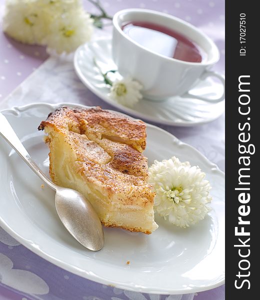 Slice of apple pie and cup of tea. Slice of apple pie and cup of tea