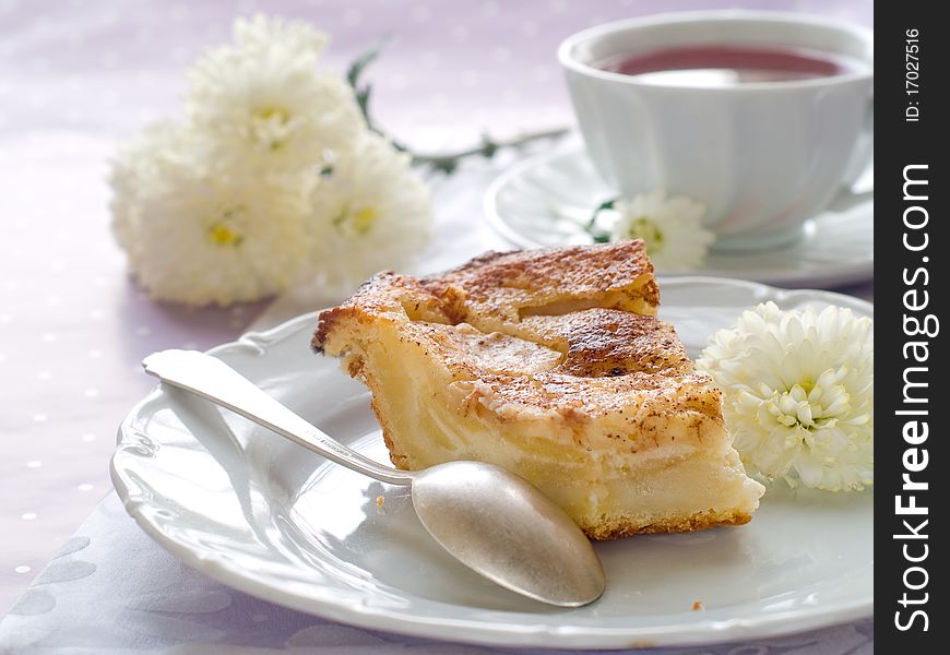 Slice of apple pie and cup of tea. Slice of apple pie and cup of tea