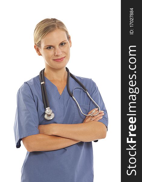 Portrait of young female nurse in scrubs with stethoscope
