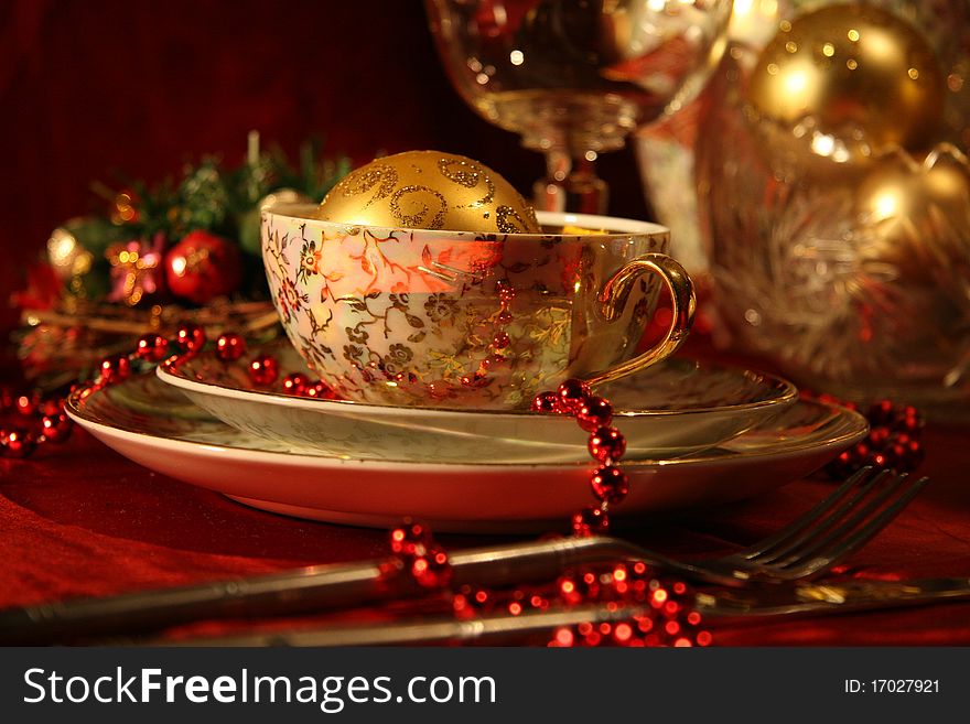 Christmas table with gold dishes. Christmas table with gold dishes