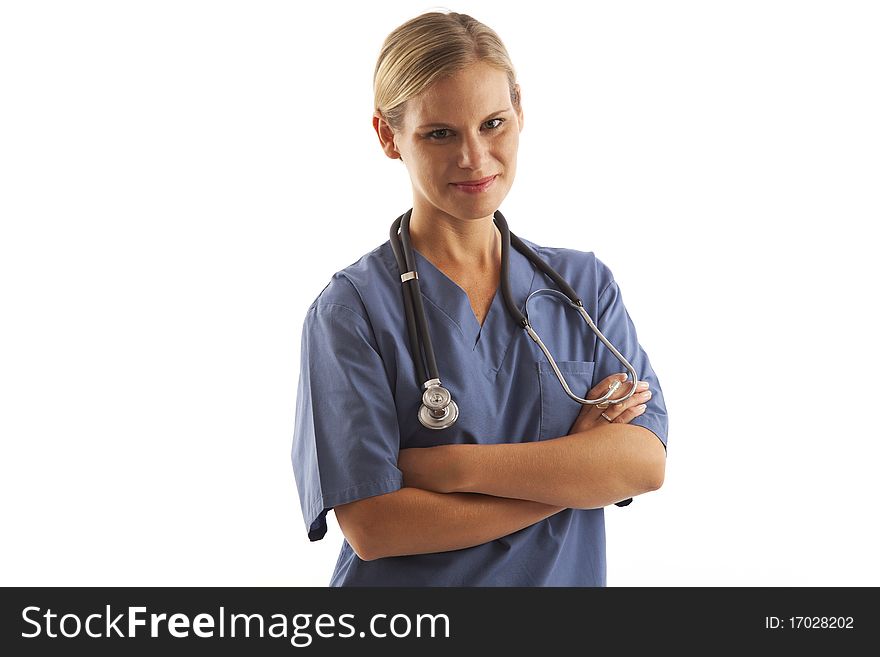 Portrait of young female nurse in scrubs with stethoscope