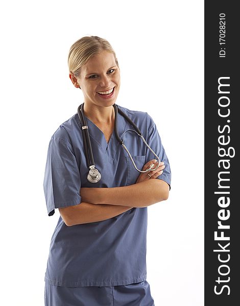 Portrait of young female nurse in scrubs with stethoscope