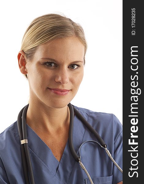 Portrait of young female nurse in scrubs with stethoscope