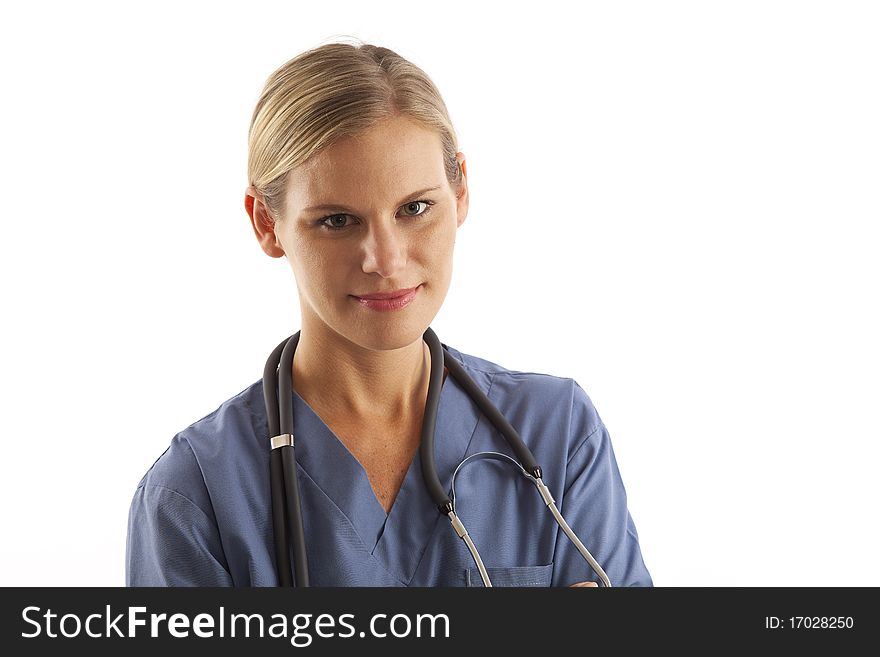 Portrait of young female nurse in scrubs with stethoscope