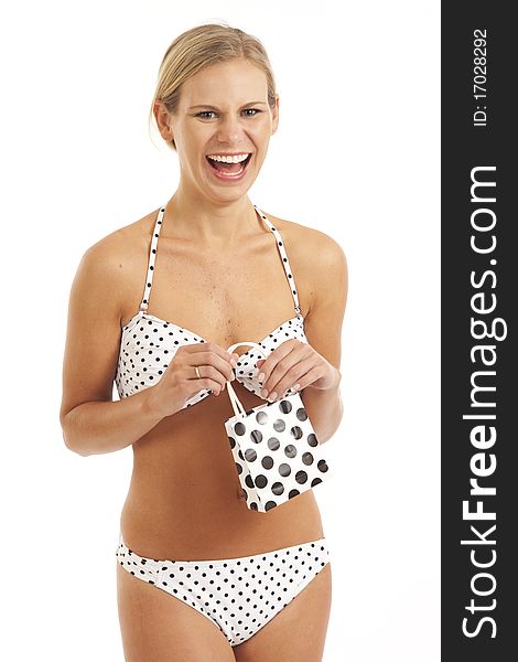 Young Woman In Bikini With Gift Bag