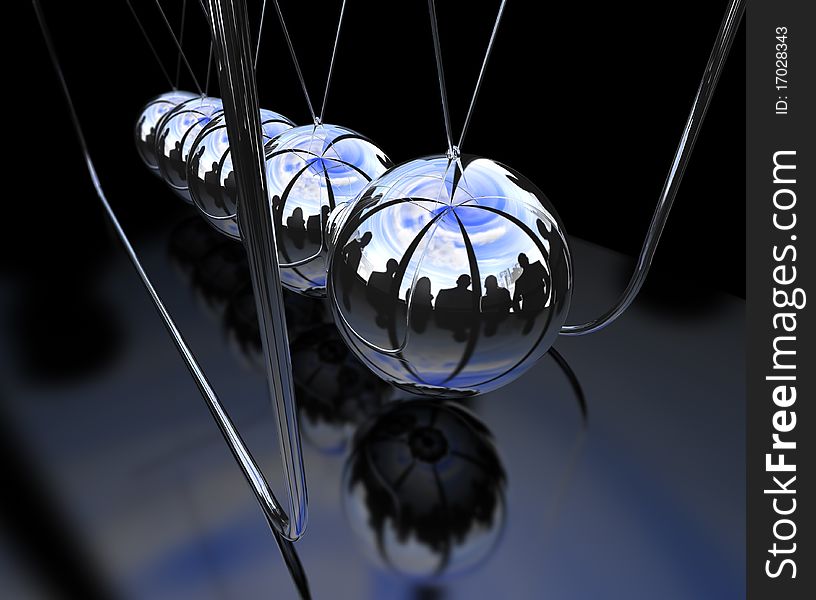 Balancing balls Newton's cradle and silhouettes of men and women in business. Balancing balls Newton's cradle and silhouettes of men and women in business