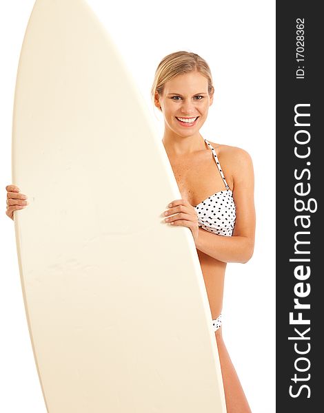 Close up portrait of young woman holding surfboard. Close up portrait of young woman holding surfboard