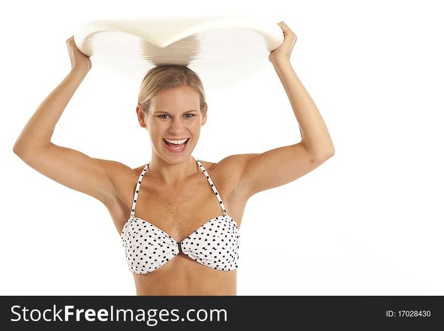 Close up portrait of young woman holding surfboard. Close up portrait of young woman holding surfboard