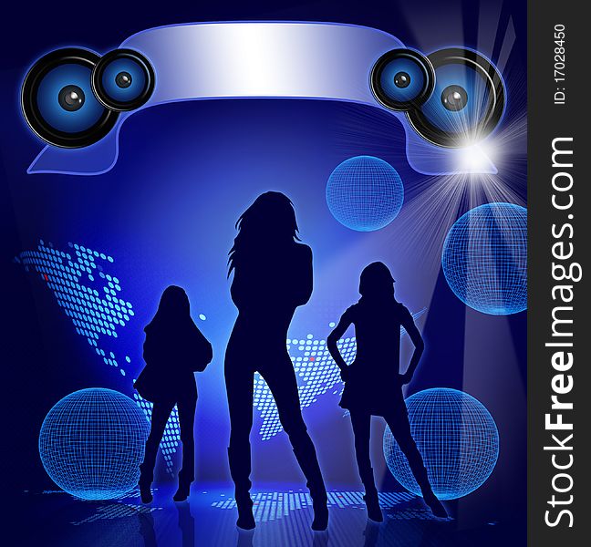 Fashion Party on blue background with girls shapes