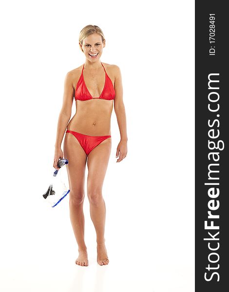 Young woman in red bikini holding snorkel. Young woman in red bikini holding snorkel