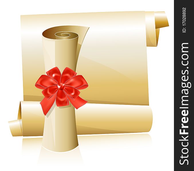 Vector illustration. Scrolls with red gift bow.