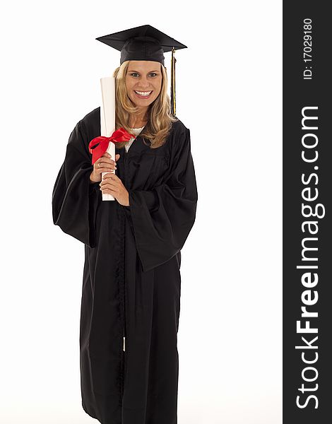 Young woman with graduation gown and diploma. Young woman with graduation gown and diploma