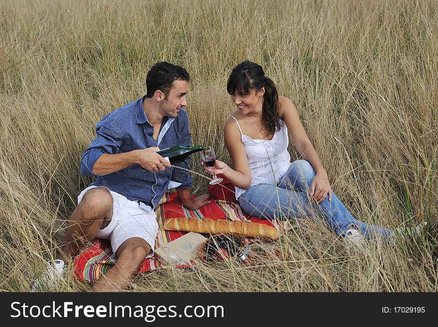 Happy young couple enjoying  picnic on the countryside in the field  and have good time. Happy young couple enjoying  picnic on the countryside in the field  and have good time