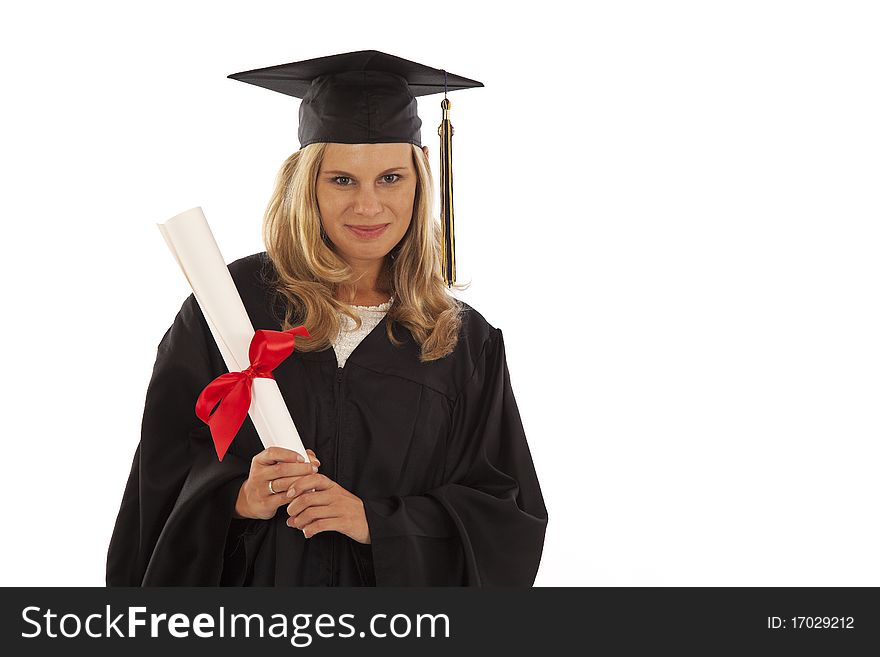 Young woman with graduation gown and diploma. Young woman with graduation gown and diploma