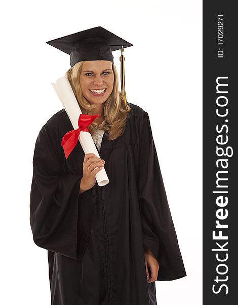 Young woman with graduation gown and diploma. Young woman with graduation gown and diploma