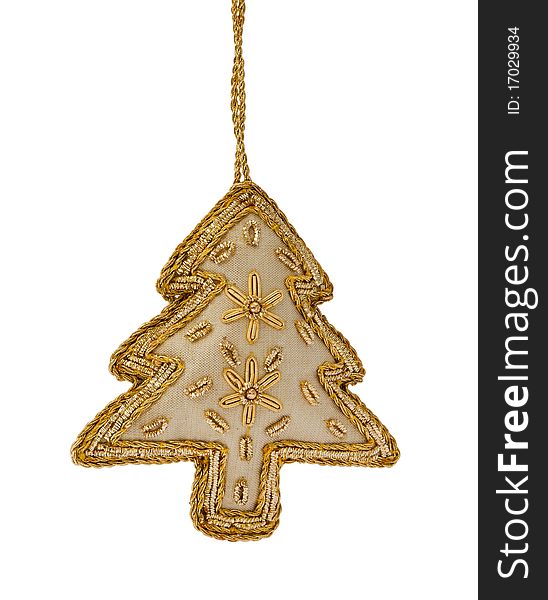 A gold embroidered Christmas tree decoration