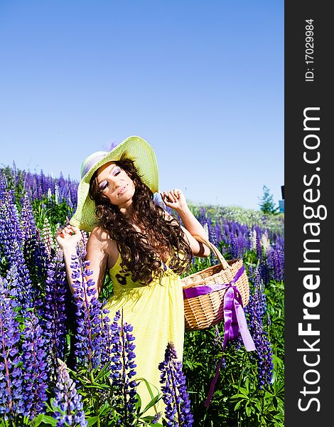 Portrait of young woman in plant of violet wild lupine picking up flowers