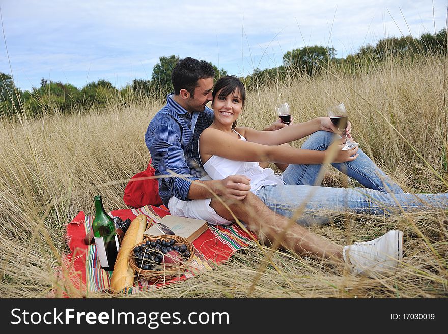 Happy young couple enjoying  picnic on the countryside in the field  and have good time. Happy young couple enjoying  picnic on the countryside in the field  and have good time