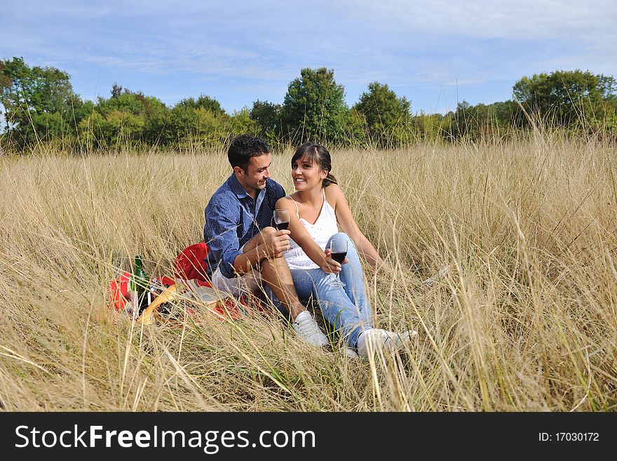 Happy young couple enjoying picnic on the countryside in the field and have good time. Happy young couple enjoying picnic on the countryside in the field and have good time