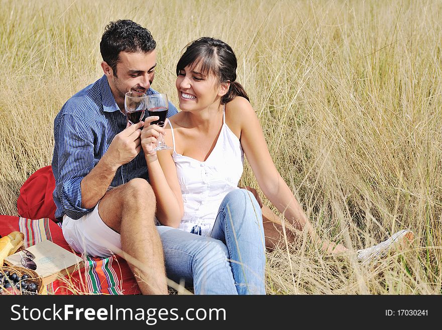 Happy young couple enjoying picnic on the countryside in the field and have good time. Happy young couple enjoying picnic on the countryside in the field and have good time