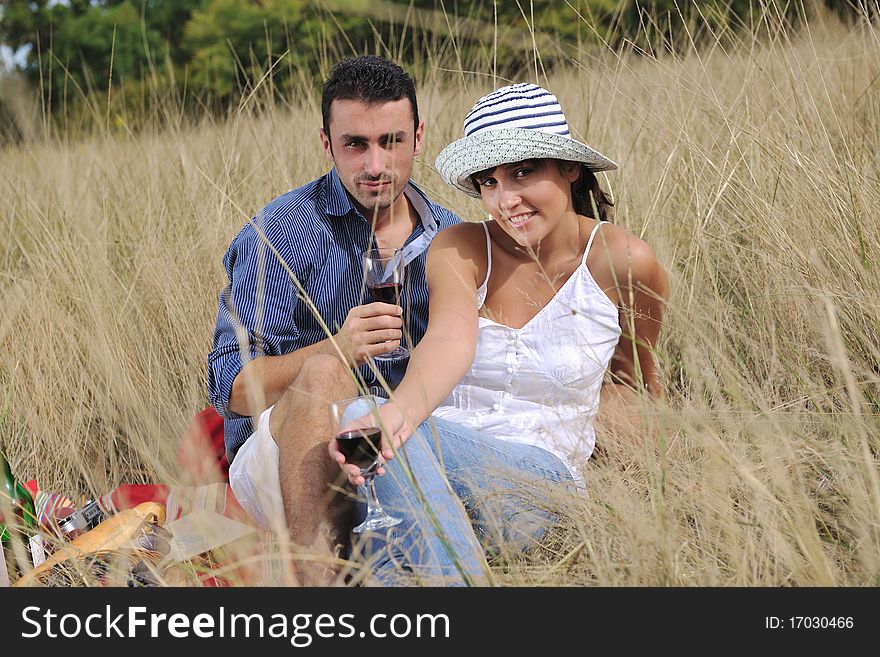 Happy young couple enjoying  picnic on the countryside in the field  and have good time. Happy young couple enjoying  picnic on the countryside in the field  and have good time