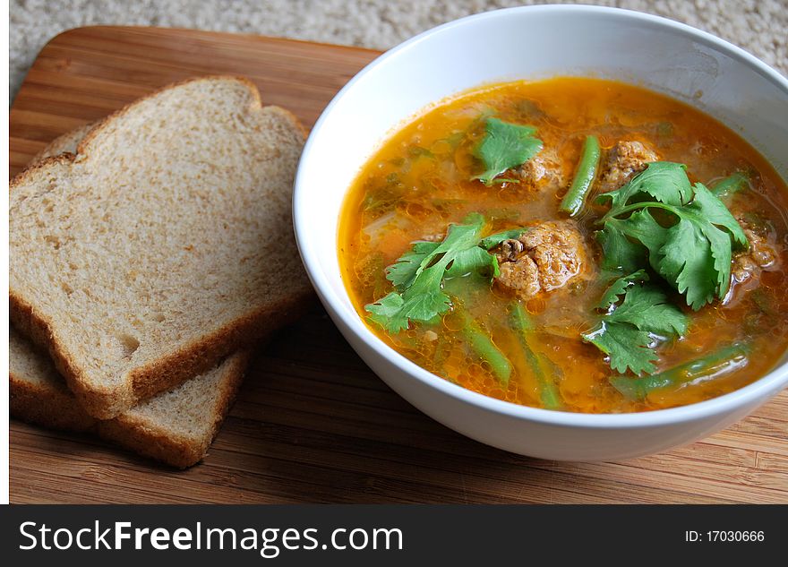 Mexican tomato soup with brown bread. Mexican tomato soup with brown bread