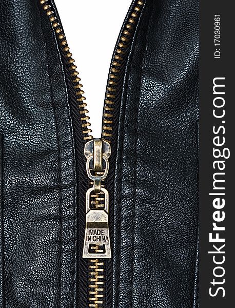 Metal zip and texture of artificial leather. Metal zip and texture of artificial leather