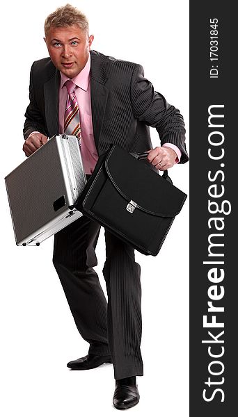 Successful businessman with case on white