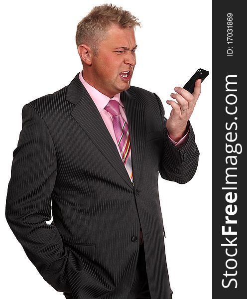 Successful businessman with phone on white