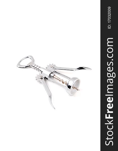 A single shiny corkscrew made from stainless steel on white background. A single shiny corkscrew made from stainless steel on white background.