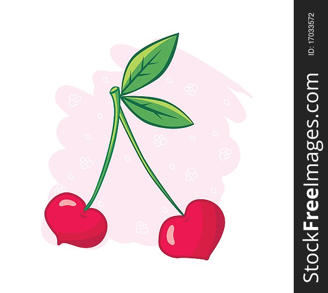Two cartoon heart-shaped cherries. Two cartoon heart-shaped cherries.