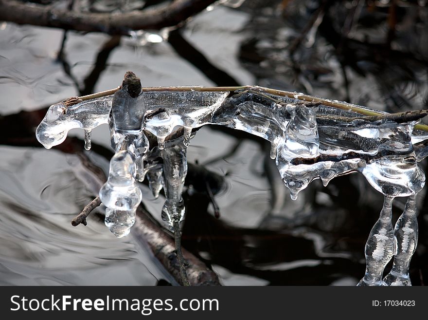 Winter ice crystals at a river