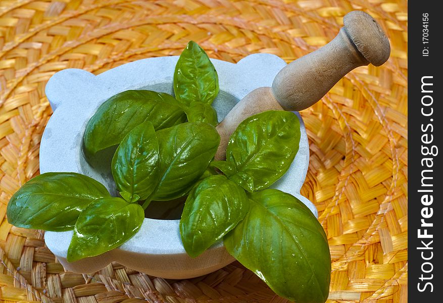 Some basil leaves in a marble mortar. Some basil leaves in a marble mortar