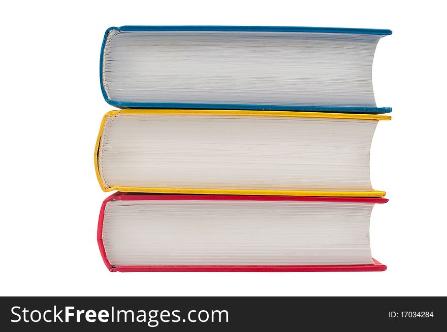 Horizontal stack of three books isolated on white background. Horizontal stack of three books isolated on white background.