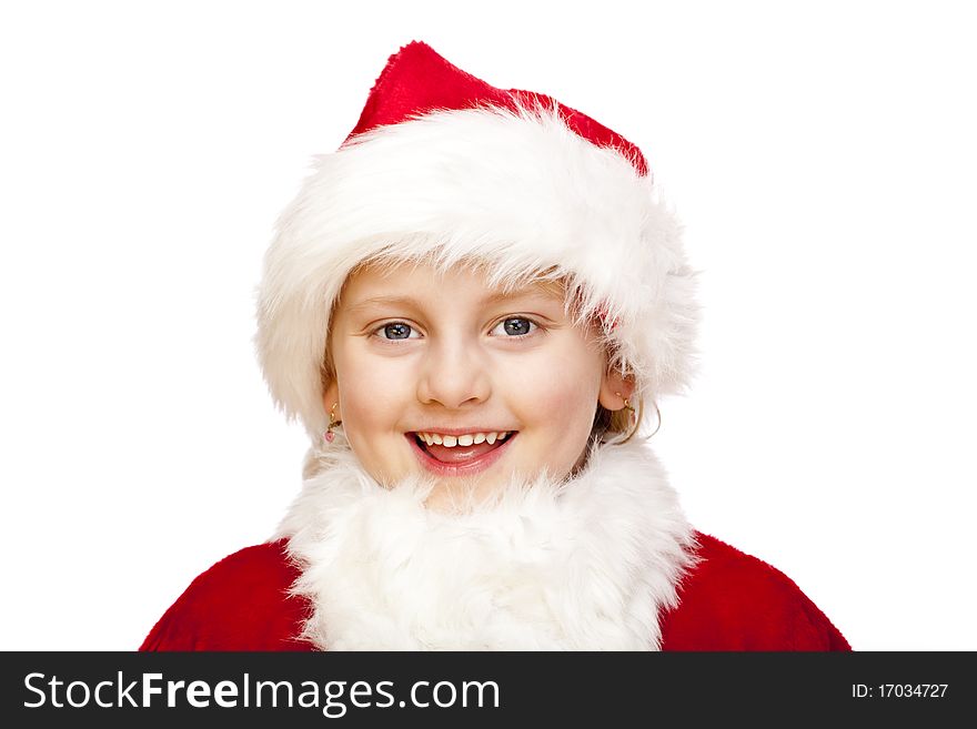 Small girl dressed as santa claus smiles happy into camera. Isolated on white background. Small girl dressed as santa claus smiles happy into camera. Isolated on white background.