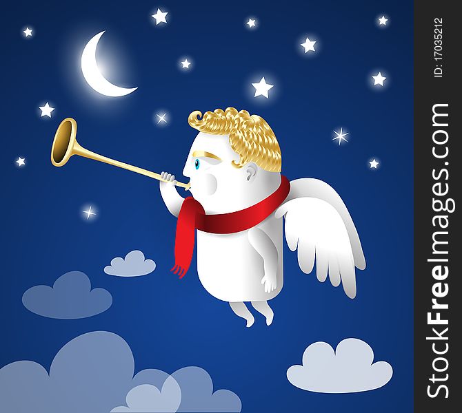 Cute angel piping on the trumpet - cutout illustration style. Cute angel piping on the trumpet - cutout illustration style