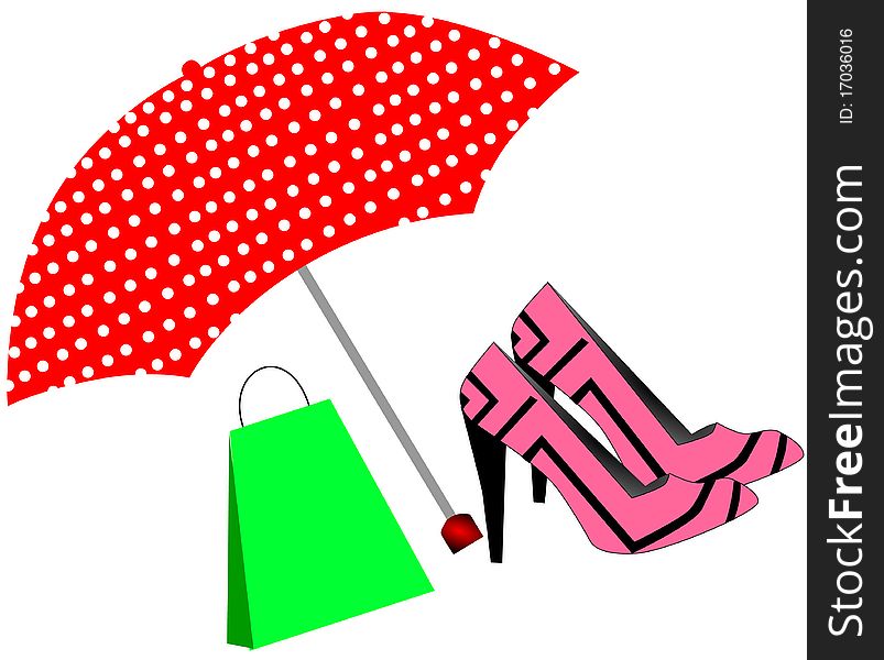 Woman's pink shoes and bag under the red umbrella. Woman's pink shoes and bag under the red umbrella
