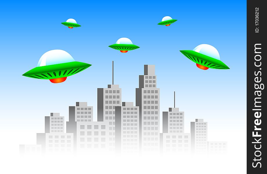 Flying green spacecrafts on a blue sky. Flying green spacecrafts on a blue sky