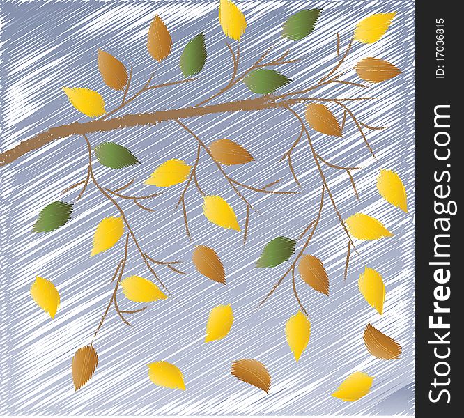 Branch with leaves under an autumn rain. Vector illustration