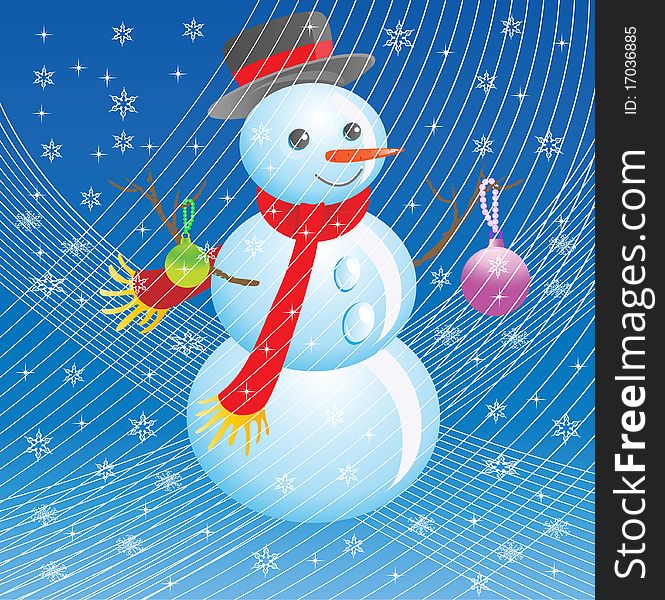 The snowman in a New Year's blizzard. Vector illustration